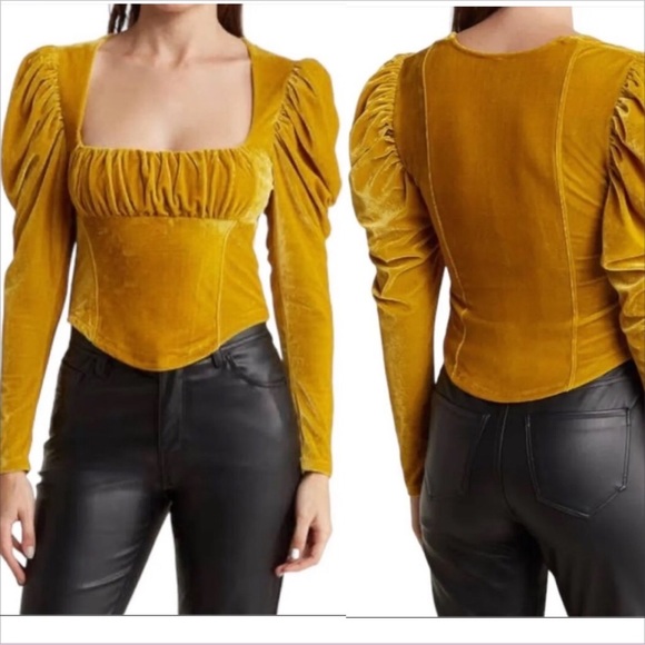 Free People Hold Me Puff Sleeve Velvet Top In Glistening Gold. NWT! Sz S - Picture 1 of 10